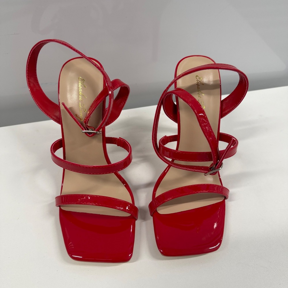 Elisabet Tang Red Patent Multi Strap Square Toe Stiletto Heels TES3153 Size 6